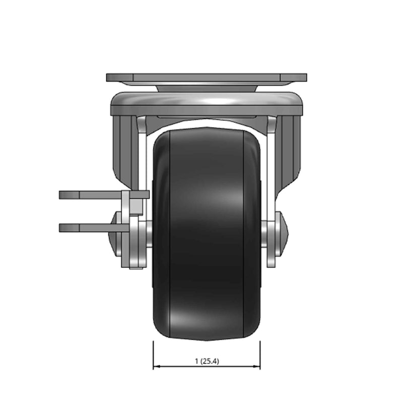 Top dimensioned CAD view of a Faultless Casters 2" x 1" wide wheel Swivel caster with 1-7/8" x 2-9/16" top plate, with a side locking brake, Polypropylene wheel and 150 lb. capacity part