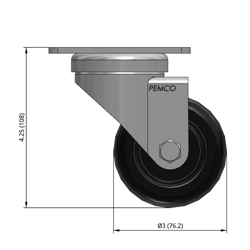 Front dimensioned CAD view of a Pemco Casters 3" x 1.25" wide wheel Swivel caster with 2-5/8" x 3-3/4" top plate, without a brake, Polypropylene wheel and 270 lb. capacity part