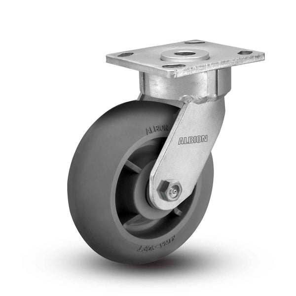 Main view of an Albion Casters 8" x 2" wide wheel Swivel caster with 4" x 4-1/2" top plate, without a brake, XR - X-tra Soft Rubber (Round) wheel and 600 lb. capacity part# 18XR08228S