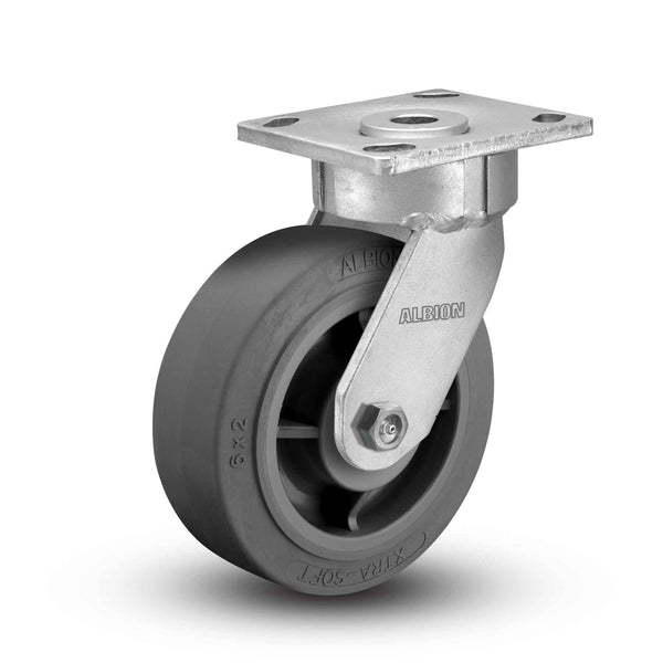 Main view of an Albion Casters 8" x 2" wide wheel Swivel caster with 4" x 4-1/2" top plate, without a brake, XS - X-tra Soft Rubber (Flat) wheel and 675 lb. capacity part# 18XS08228S