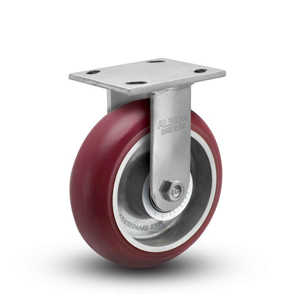 Main view of an Albion Casters 6" x 2" wide wheel Rigid caster with 4" x 4-1/2" top plate, without a brake, AX - Round Polyurethane (Aluminum Core) wheel and 1250 lb. capacity part# 18AX06228R