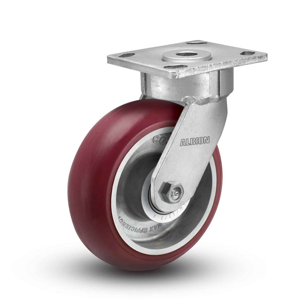 Main view of an Albion Casters 8" x 2" wide wheel Swivel caster with 4" x 4-1/2" top plate, without a brake, AX - Round Polyurethane (Aluminum Core) wheel and 1250 lb. capacity part# 18AX08228S