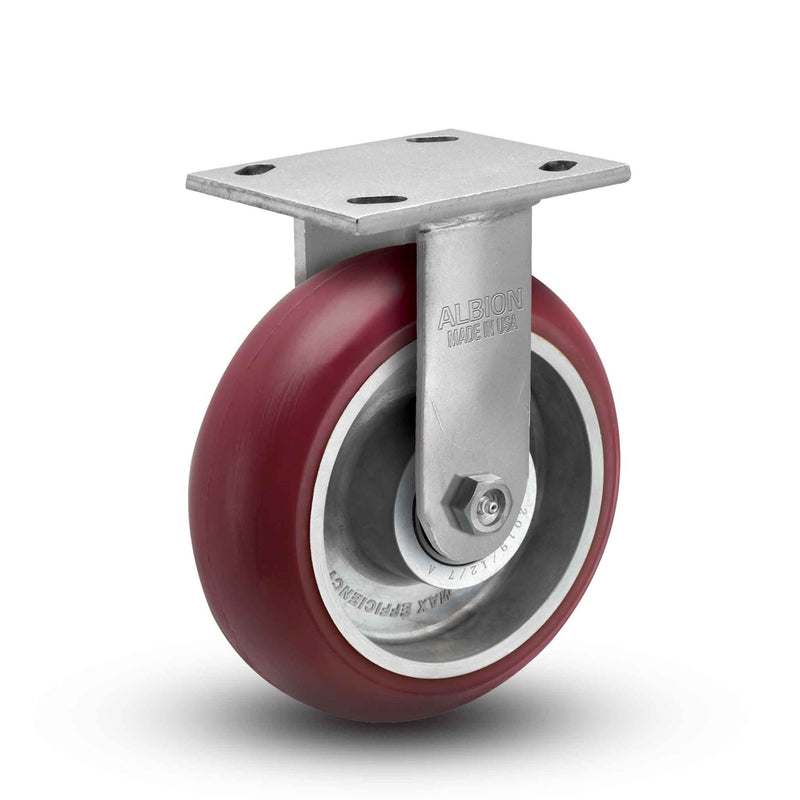 Main view of an Albion Casters 8" x 2" wide wheel Rigid caster with 4" x 4-1/2" top plate, without a brake, AX - Round Polyurethane (Aluminum Core) wheel and 1250 lb. capacity part