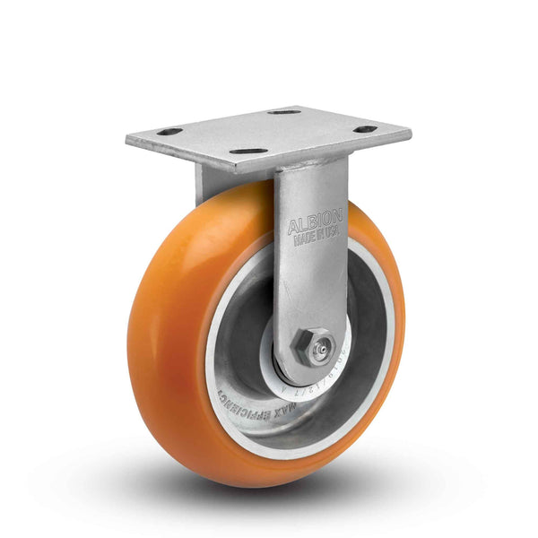 Main view of an Albion Casters 6" x 2" wide wheel Rigid caster with 4" x 4-1/2" top plate, without a brake, AN - Round Polyurethane (Aluminum Core) wheel and 1250 lb. capacity part# 18AN06228R