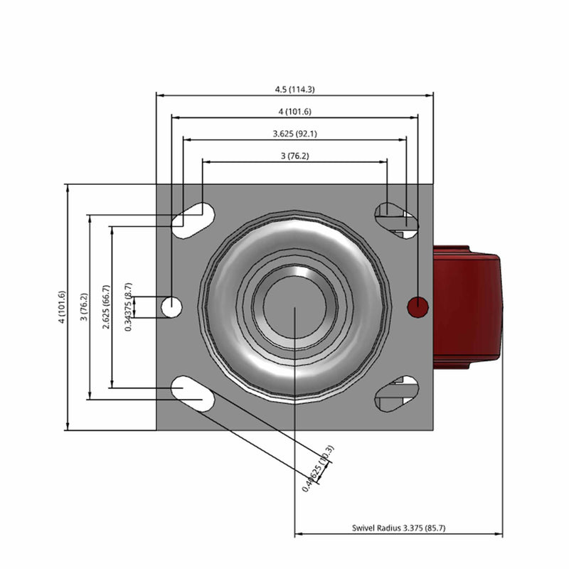 Side dimensioned CAD view of a Pemco Casters 4" x 2" wide wheel Swivel caster with 4" x 4-1/2" top plate, without a brake, Thermo-Urethane wheel and 500 lb. capacity part