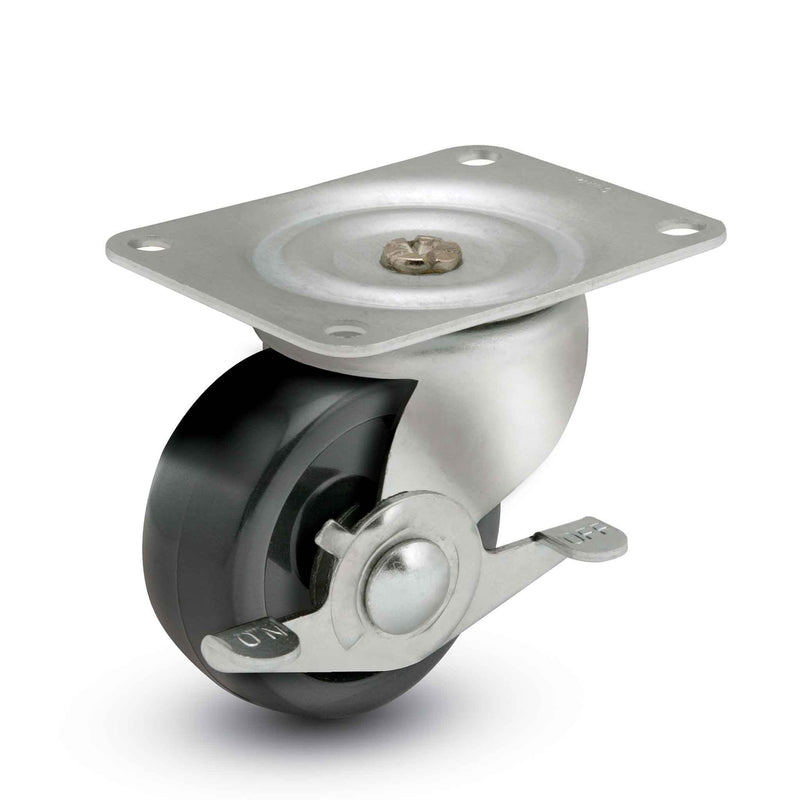 Main view of a Faultless Casters 2" x 1" wide wheel Swivel caster with 1-7/8" x 2-9/16" top plate, with a side locking brake, Polypropylene wheel and 150 lb. capacity part