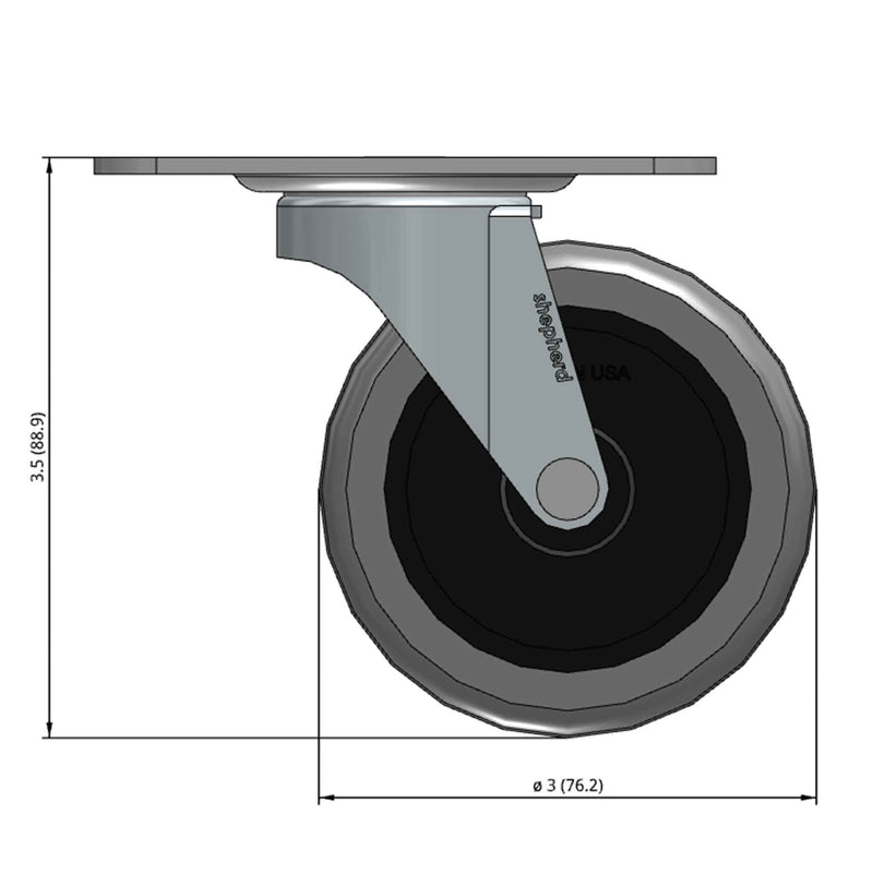 Front dimensioned CAD view of a Shepherd Casters 3" x 0.8125" wide wheel Swivel caster with 2-5/8" x 3-3/4" top plate, without a brake, Thermoplastic Rubber wheel and 110 lb. capacity part