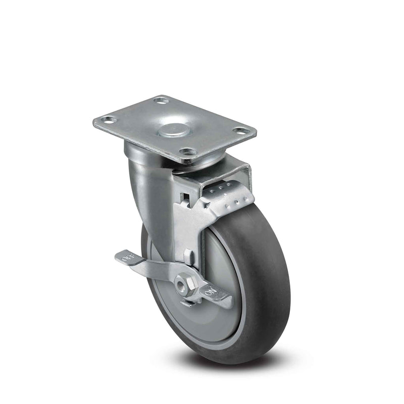Main view of a Pemco Casters 5" x 1.25" wide wheel Swivel caster with 2-5/8" x 3-3/4" top plate, with a side locking brake, Thermoplastic Rubber wheel and 325 lb. capacity part