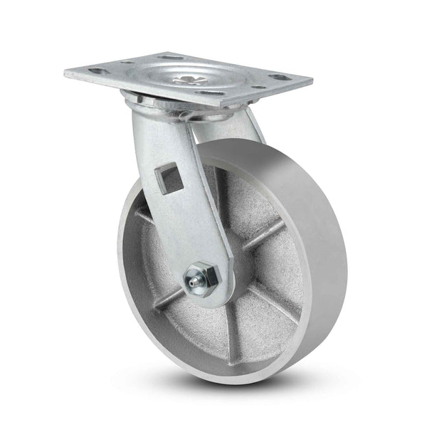 Main view of a Pemco Casters 6" x 2" wide wheel Swivel caster with 4" x 4-1/2" top plate, without a brake, Cast Iron wheel and 1200 lb. capacity part# ES6X2CIR