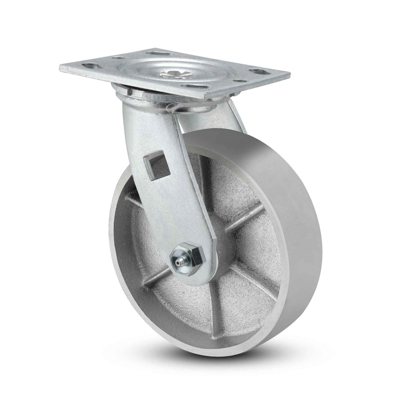 Main view of a Pemco Casters 6" x 2" wide wheel Swivel caster with 4" x 4-1/2" top plate, without a brake, Cast Iron wheel and 1200 lb. capacity part