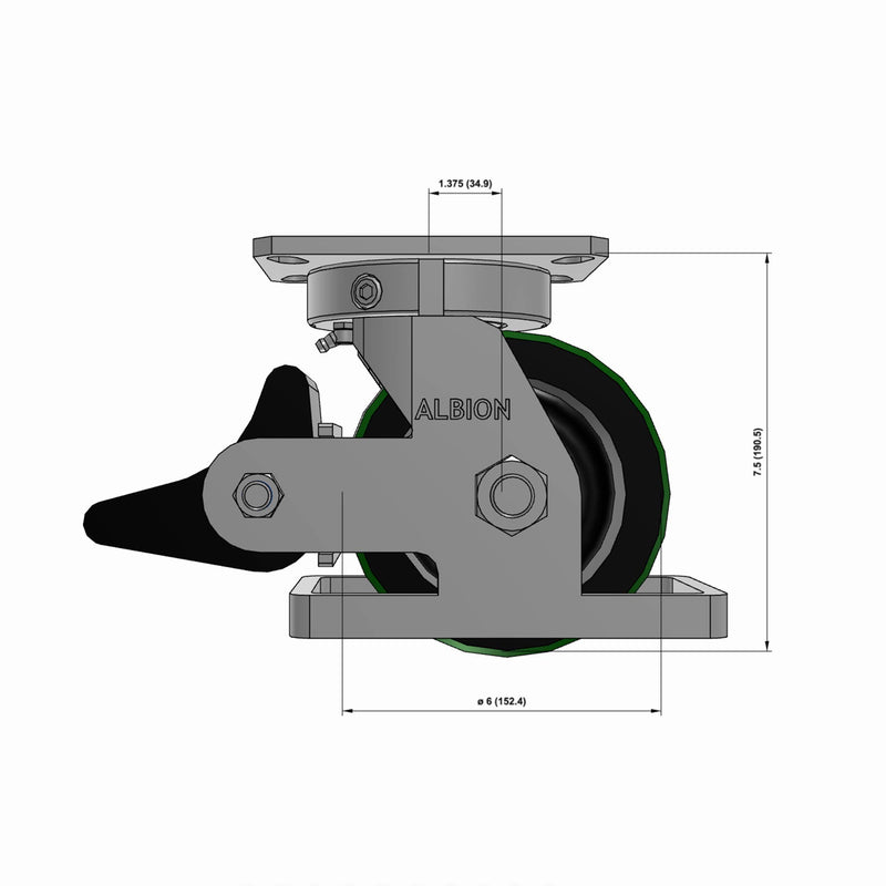 Kingpinless 6"x3" Green Poly-on-Iron Caster with Toe Guard, Top Lock, and 6.25"x4.5" Plate