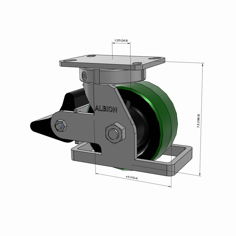Kingpinless 6"x3" Green Poly-on-Iron Caster with Toe Guard, Top Lock, and 6.25"x4.5" Plate