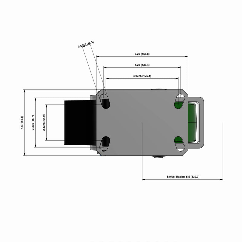 Kingpinless 6"x3" Green Poly-on-Iron Caster with Toe Guard, Top Lock, and 6.25"x4.5" Plate
