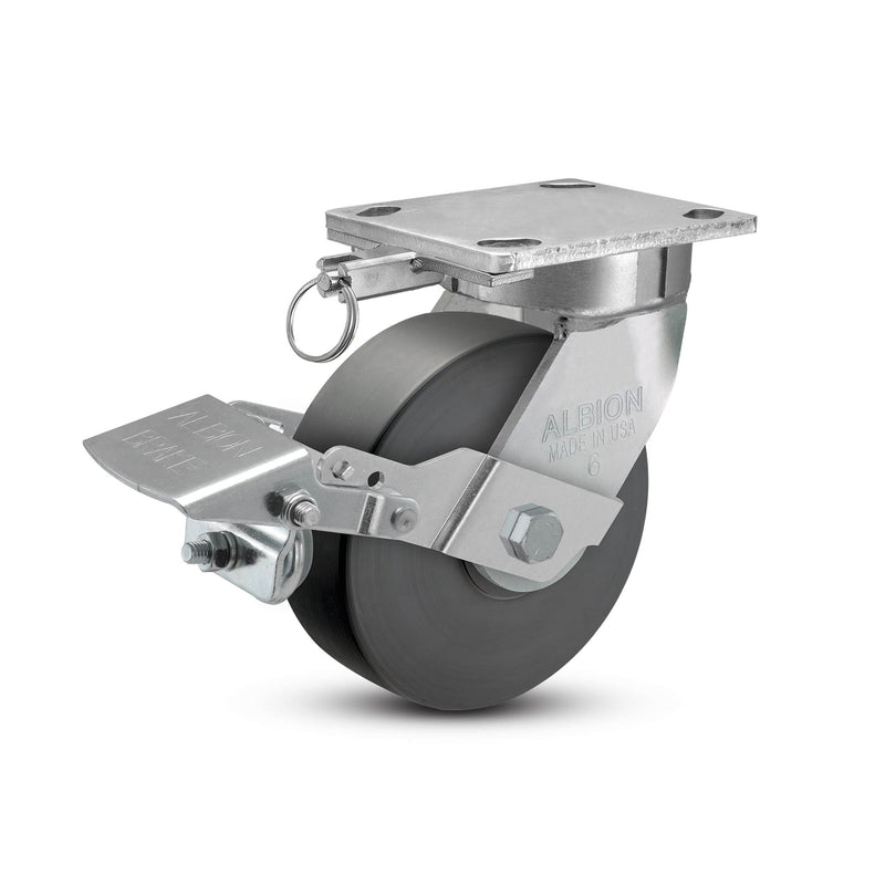 6"x2" Ergonomic Caster – USA Kingpinless Rig, Trionix Steel Replacement Wheel, Metal Face Brake, Swivel Lock