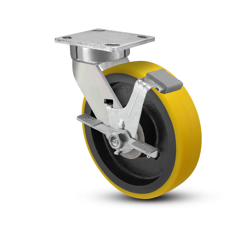 8"x2" Ergonomic Caster – USA Kingpinless Rig, Heavy-Duty Polyurethane Wheel, Side Brake