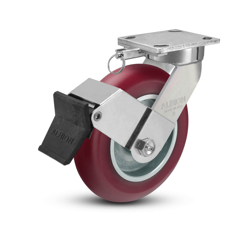 8"x2" Ergonomic Caster – USA Kingpinless Rig, MAX-Efficiency Maroon Poly Wheel, Face Brake, Swivel Lock