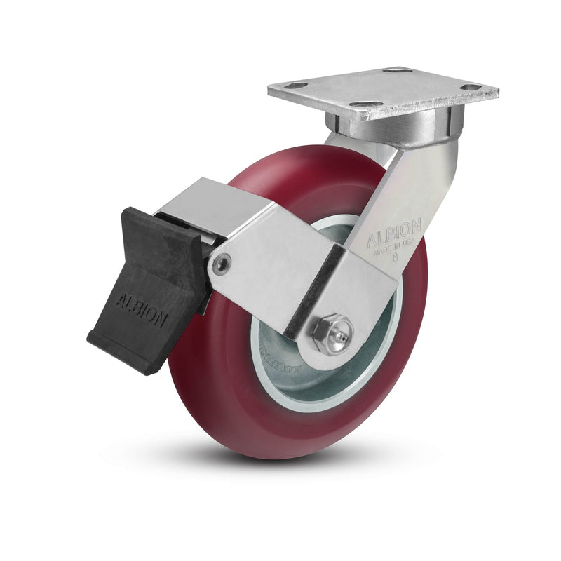 8"x2" Ergonomic Caster 9.5 OAH – USA Kingpinless Rig, MAX-Efficiency Maroon Poly Wheel, Face Brake