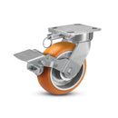 6"x2" Ergonomic Caster – USA Kingpinless Rig, MAX-Efficiency Orange Poly Wheel, Metal Face Brake, Swivel Lock