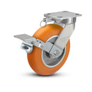 8"x2" Ergonomic Caster 9.5 OAH – USA Kingpinless Rig, MAX-Efficiency Orange Poly Wheel, Metal Face Brake, Swivel Lock