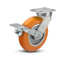 8"x2" Ergonomic Caster – USA Kingpinless Rig, MAX-Efficiency Orange Poly Wheel, Metal Face Brake