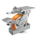 6"x2" USA Ergonomic Brake Caster with MAX-Efficiency Orange Wheel, Toe Guard, Swivel Lock, and 6.25"x4.5" Plate