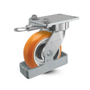 6"x2" USA Ergonomic Swivel Caster with MAX-Efficiency Orange Wheel, Toe Guard, Swivel Lock, and 6.25"x4.5" Plate