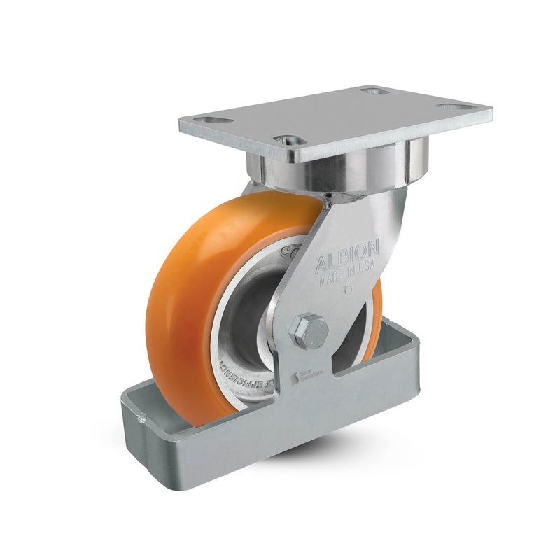 6"x2" USA Ergonomic Swivel Caster with MAX-Efficiency Orange Wheel, Toe Guard, and 6.25"x4.5" Plate