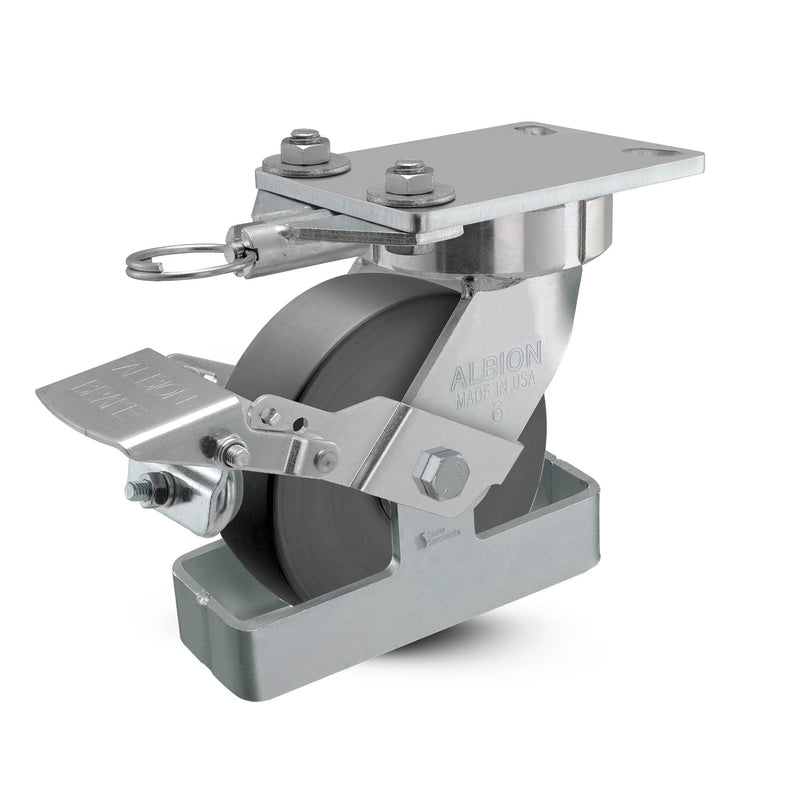 6"x2" USA Ergonomic Brake Caster with HD Nylon Wheel, Toe Guard, Swivel Lock, and 6.25"x4.5" Plate