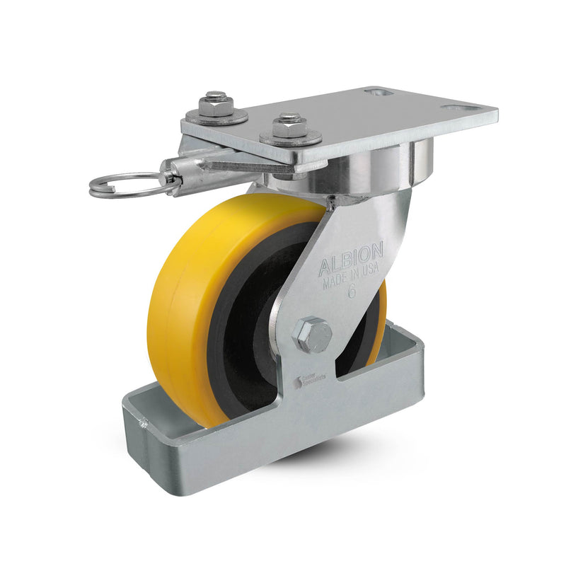 6"x2" USA Ergonomic Swivel Caster with HD Poly-on-Iron Wheel, Toe Guard, Swivel Lock, and 6.25"x4.5" Plate