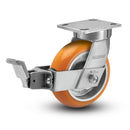 9.5" Height Kingpinless 8"x2" MAX-Efficiency Orange Caster with Face Brake and 4"x4.5" Plate