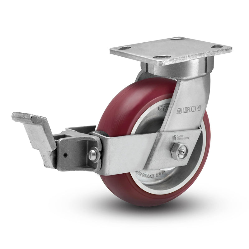 Kingpinless 6"x2" MAX-Efficiency Maroon Caster with Face Brake and 4"x4.5" Plate