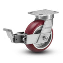 Kingpinless 5"x2" MAX-Efficiency Maroon Caster with Face Brake and 4"x4.5" Plate