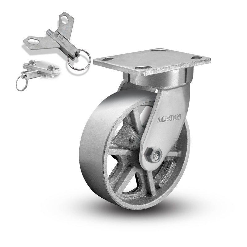 Kingpinless 6"x2" Cast Iron Wheel Caster with 4"x4.5" Plate & Swivel Lock