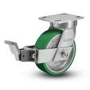 Kingpinless 8"x2" Polyurethane-on-Aluminum Caster with Face Brake and 4"x4.5" Plate