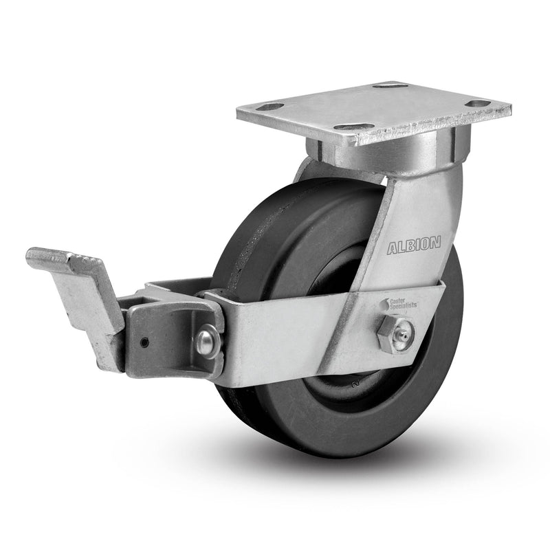 Kingpinless 6"x2" Phenolic Wheel Caster with Face Brake and 4"x4.5" Plate
