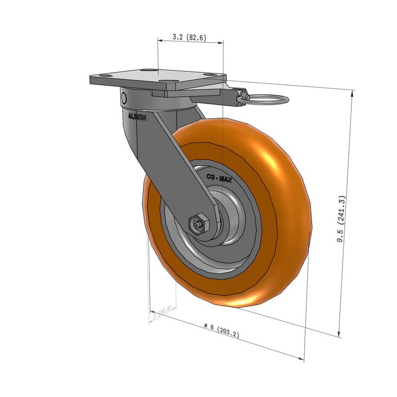 8"x2" Ergonomic Caster 9.5 OAH – USA Kingpinless Rig, MAX-Efficiency Orange Poly Wheel, Swivel Lock