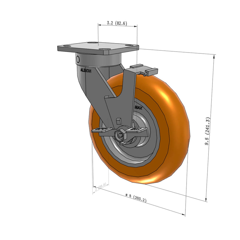 8"x2" Ergonomic Caster 9.5 OAH – USA Kingpinless Rig, MAX-Efficiency Orange Poly Wheel, Side Brake