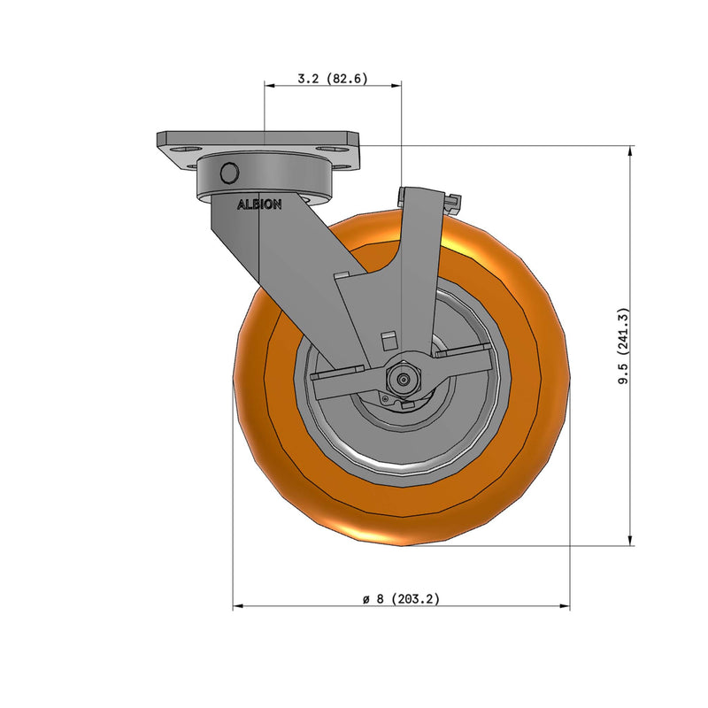 8"x2" Ergonomic Caster 9.5 OAH – USA Kingpinless Rig, MAX-Efficiency Orange Poly Wheel, Side Brake