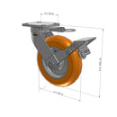 8"x2" Ergonomic Caster 9.5 OAH – USA Kingpinless Rig, MAX-Efficiency Orange Poly Wheel, Metal Face Brake, Swivel Lock
