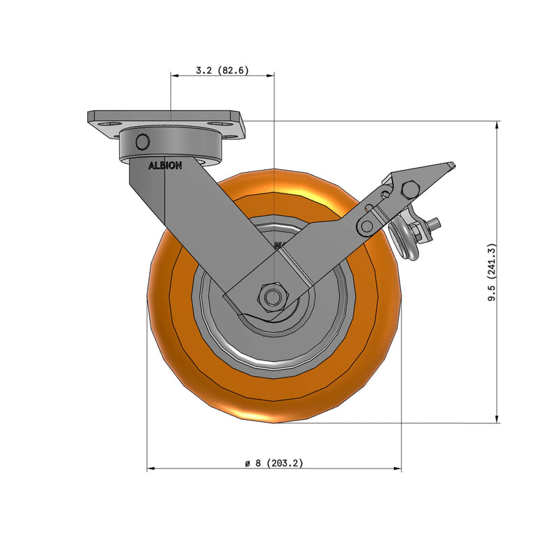 8"x2" Ergonomic Caster 9.5 OAH – USA Kingpinless Rig, MAX-Efficiency Orange Poly Wheel, Metal Face Brake