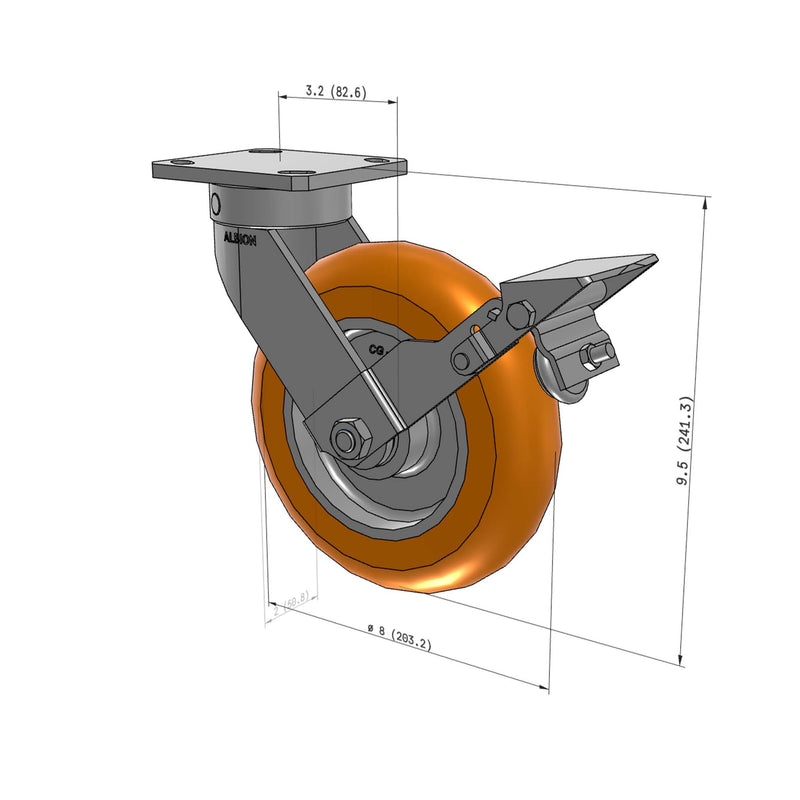 8"x2" Ergonomic Caster 9.5 OAH – USA Kingpinless Rig, MAX-Efficiency Orange Poly Wheel, Metal Face Brake
