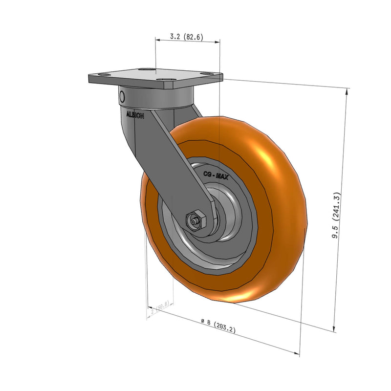8"x2" Ergonomic Caster 9.5 OAH – USA Kingpinless Rig, MAX-Efficiency Orange Poly Wheel