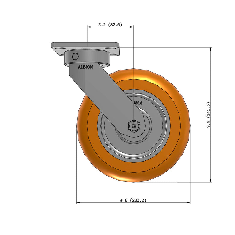 8"x2" Ergonomic Caster 9.5 OAH – USA Kingpinless Rig, MAX-Efficiency Orange Poly Wheel