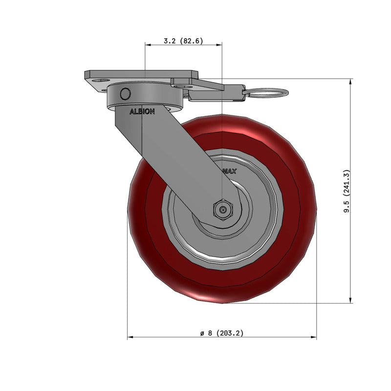 8"x2" Ergonomic Caster 9.5 OAH – USA Kingpinless Rig, MAX-Efficiency Maroon Poly Wheel, Swivel Lock