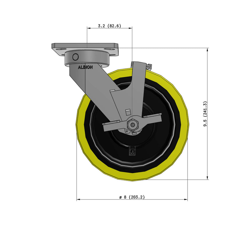 8"x2" Ergonomic Caster 9.5 OAH – USA Kingpinless Rig, Heavy-Duty Polyurethane Wheel, Side Brake