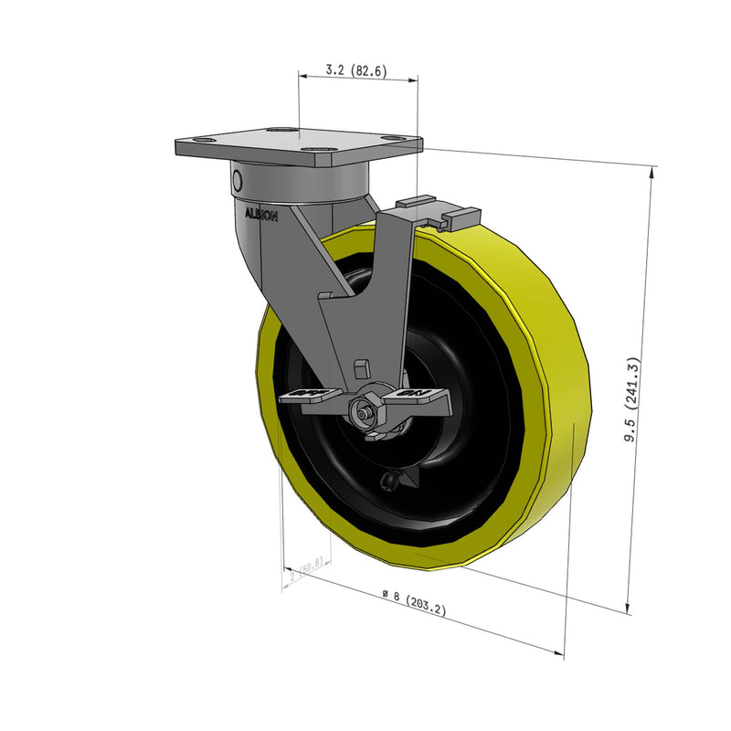 8"x2" Ergonomic Caster 9.5 OAH – USA Kingpinless Rig, Heavy-Duty Polyurethane Wheel, Side Brake