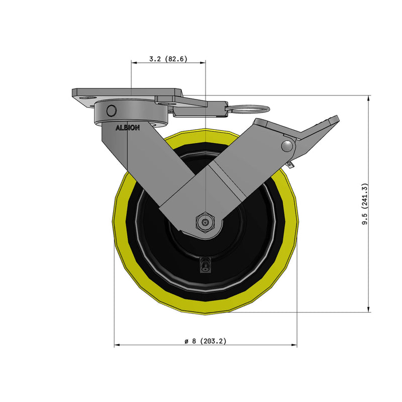 8"x2" Ergonomic Caster 9.5 OAH – USA Kingpinless Rig, Heavy-Duty Polyurethane Wheel, Face Brake, Swivel Lock
