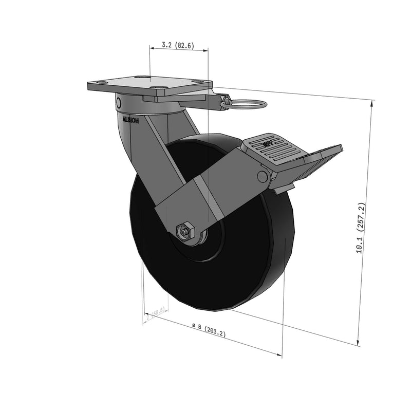 8"x2" Ergonomic Caster – USA Kingpinless Rig, Trionix Steel Replacement Wheel, Face Brake, Swivel Lock