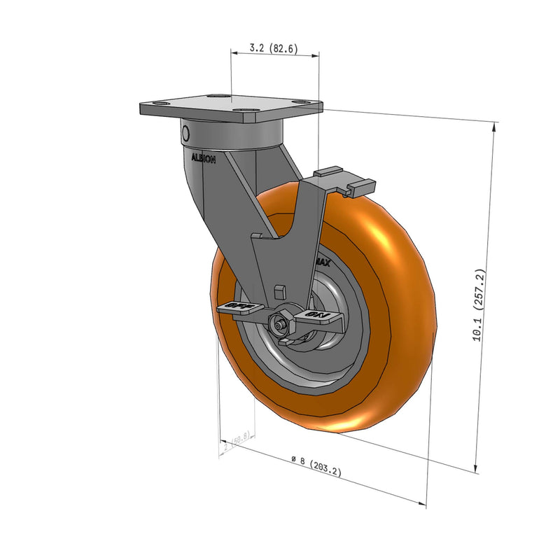 8"x2" Ergonomic Caster – USA Kingpinless Rig, MAX-Efficiency Orange Poly Wheel, Side Brake