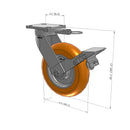 8"x2" Ergonomic Caster – USA Kingpinless Rig, MAX-Efficiency Orange Poly Wheel, Metal Face Brake, Swivel Lock